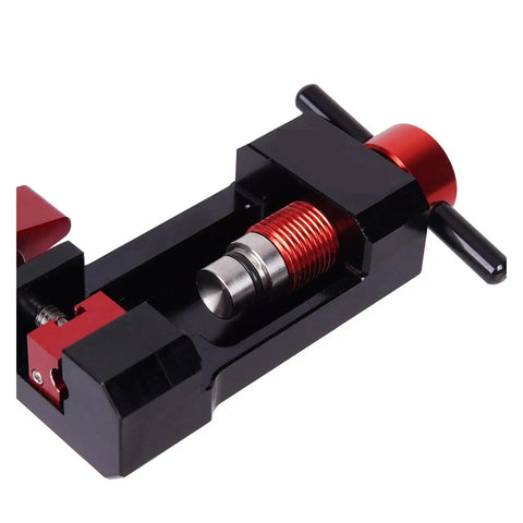 Close-up of Pro Bike Hydraulic Disc Brake Tool Kit component, focusing on aluminum alloy pneumatic gripper and oil needle install tool.