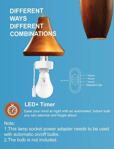 Illustration of lamp socket power adapter with bulb, detailing features like LED timer and hours of use