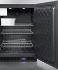 Frost Free Under Counter Upright Freezer In Brushed Stainless Steel Slides Into 24 Inch Spots With Digital Thermostat opened, revealing shelves and ice maker.