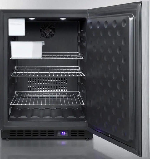 Frost Free Under Counter Upright Freezer In Brushed Stainless Steel Slides Into 24 Inch Spots With Digital Thermostat opened, revealing shelves and ice maker.