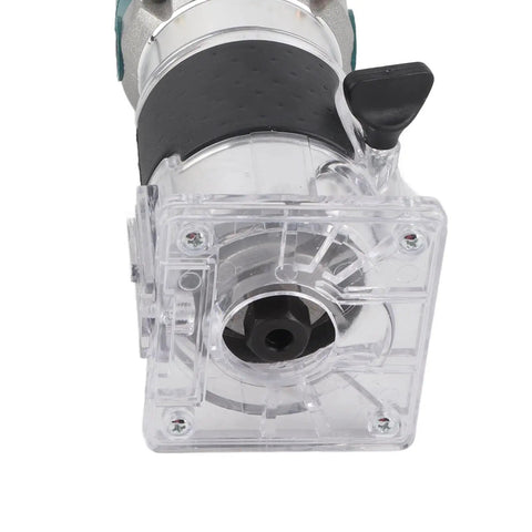 Built Tough 800W Electric Palm Router With Clear Base And Soft Touch Rubber Grip Smooth As Butter 30000 Rpm showing clear base and collet.