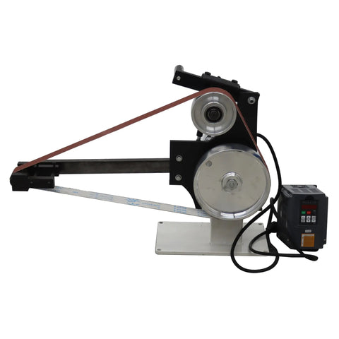 Heavy Duty Belt Sander With Easy Adjust Speed Control And Three Swappable Grinding Wheels For Pro Knife Resharpening And Wood Polish Work Handles Tricky Jobs Dead Easy And Slick Every Time, showcasing motor and belt setup.