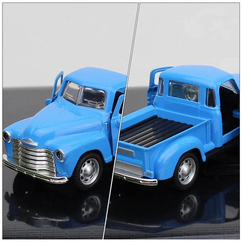 Retro Pickup Truck Model Toy In Metal Sky Blue with open doors, detailed chrome grille, and stepside bed, tabletop decoration.
