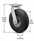 12 Inch Swivel Caster No Flat Pneumatic Wheel Precision Ball Bearings 500 Lb Heavy Lifter Capacity with measurements.