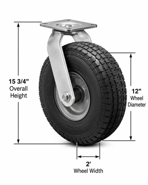12 Inch Swivel Caster No Flat Pneumatic Wheel Precision Ball Bearings 500 Lb Heavy Lifter Capacity with measurements.