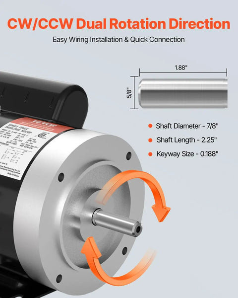0.75 HP Electric Motor 1725 RPM 115 To 230 Volt Single Phase 56C Frame Five Eighths Inch Keyed Shaft Reversible CW CCW