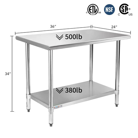 Stainless Steel Prep Table 24x36 Inches With Adjustable Undershelf, Heavy Duty Commercial Kitchen Work Table, NSF Certified shown