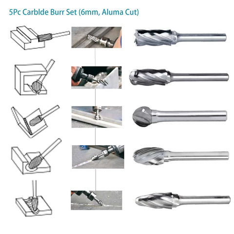 Five Piece Heavy Duty Carbide Rotary Burr File Set With One Quarter Inch Shank For Die Grinder Drill, Aluma cut burrs for metalwork.