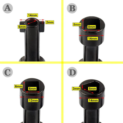 Four key heads of Six Piece Handy Electrical Cabinet And Utility Key Set in black zinc alloy with measurements A-D
