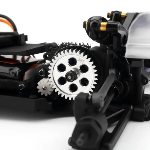 Close-up of Losi 1 24 Micro B Micro T 2WD RC Car Aluminum 36T Transmission Spur Gear Upgrade for smooth power transfer.