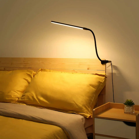 Clip On Desk Lamp LED Reading Light With USB Power Dimmable 3 Color Modes And 10 Brightness Levels on bed headboard
