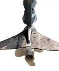 Dual Outboard Hydrofoil Stabilizer With Sting Ray Dorsal Fin Wing attached to an outboard motor, HD150 lift enhancer visible