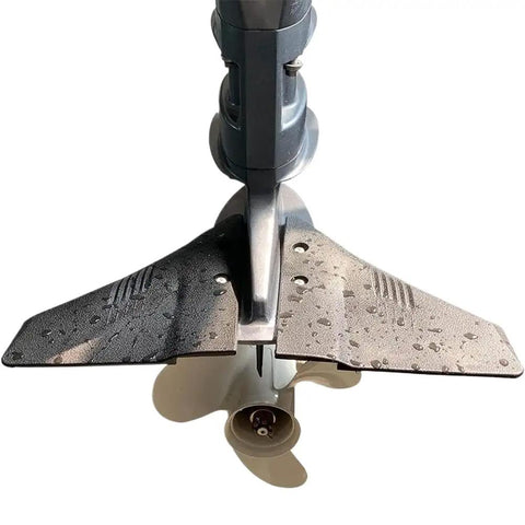 Dual Outboard Hydrofoil Stabilizer With Sting Ray Dorsal Fin Wing attached to an outboard motor, HD150 lift enhancer visible