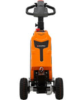 Heavy Duty Electric Powered Tugger With 2,200 Lbs Capacity, orange heavy gauge steel tugger viewed from the front, equipped with precision controls.