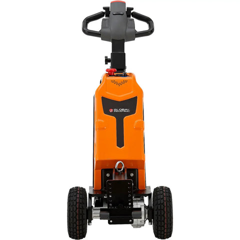 Heavy Duty Electric Powered Tugger With 2,200 Lbs Capacity, orange heavy gauge steel tugger viewed from the front, equipped with precision controls.