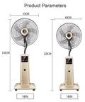18 inch industrial grade misting floor fan product parameters, gold body, shows height and width dimensions, designed to Beat The Summer Heat With This 18 Inch Industrial Grade Misting Floor Fan Serving Chill Air Blast Wide Oscillating Head Smart Touch Controls Plus Wireless Remote.