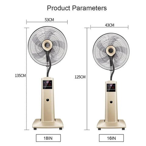 18 inch industrial grade misting floor fan product parameters, gold body, shows height and width dimensions, designed to Beat The Summer Heat With This 18 Inch Industrial Grade Misting Floor Fan Serving Chill Air Blast Wide Oscillating Head Smart Touch Controls Plus Wireless Remote.