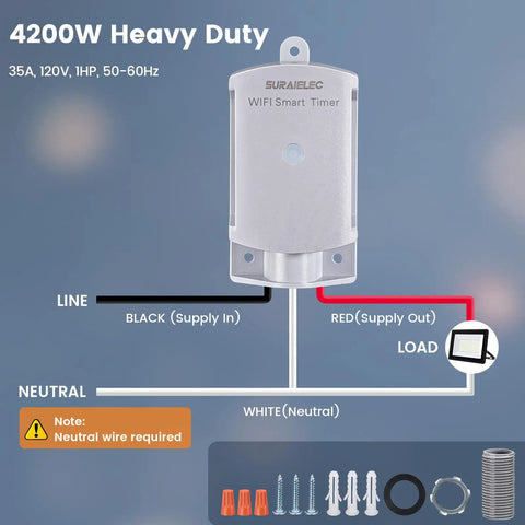 Built Tough Wifi Smart Timer Switch For Outdoor Electrical Junction Boxes 35 Amp 120 Volt showing wiring connections and components.