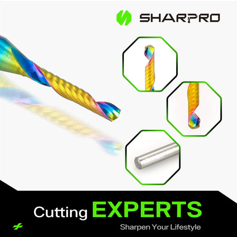 SHARPRO O‑Flute Upcut Spiral Router Bit, carbide, 1/4 in shank, 1/8 in cutting diameter, colorful coating