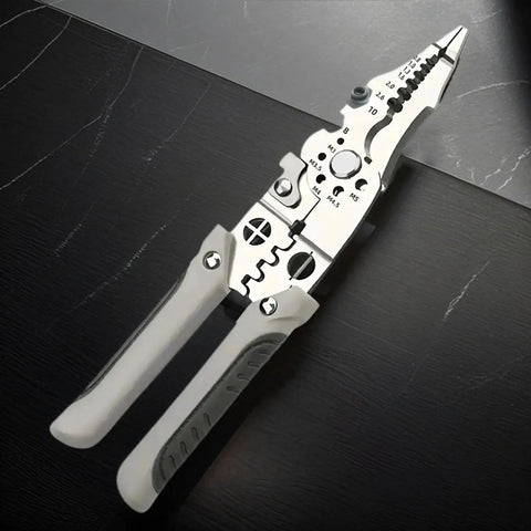 8 In 1 Wire Stripper Crimper Cutter Pliers For Electricians Pro Grade Heavy Duty Tool With Screw Size Guide on dark surface