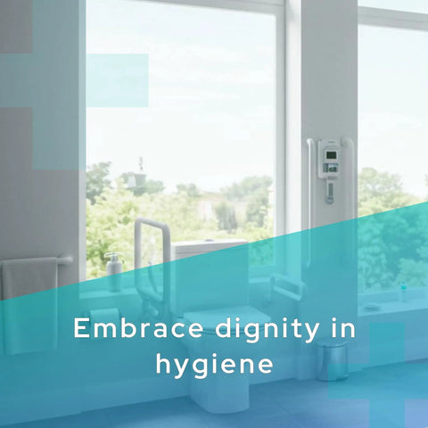 Bathroom with window, toilet, and grab bar, promoting Long Reach Toilet Wiper And Bath Brush Set For Easy Hygiene For Elderly And Disabled No Bend Wiping Wand With Quick Release Refill Post Surgery Toilet Aid Self Cleaning Bath Helper For Daily Care.
