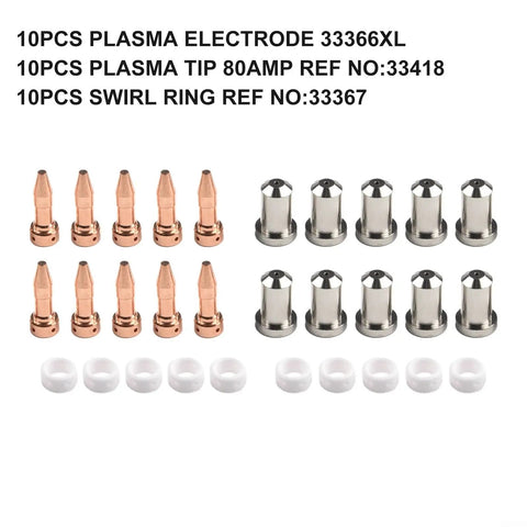 Plasma Cutter Consumables 23 27 30 Piece Set With 10 Electrodes 33366XL 10 80 Amp Cutting Tips 33418 And 10 Rings 33367