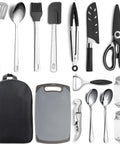 All In One Outdoor Camp Kitchen Gear, 15 Piece Camping Cookware And Utensil Set with knife, spatula, tongs, and board