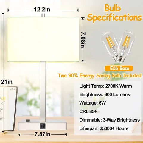 21 Inch Touch Bedside Lamps Set Of 2 With USB And AC Outlets, 3 Way Dimmable Nightstand Lights In White Shade, LED Bulbs