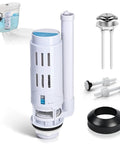 2-Inch Dual Flush Valve Replacement Kit For 2-Piece Toilets With push button gasket and bolts, DIY friendly, shown in parts