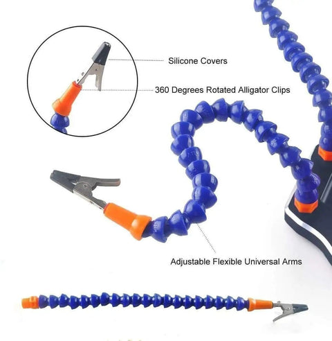 Close-up of Dope Soldering Third Hands Vise with 6 Flexible Arms showing silicone-covered alligator clips and adjustable arms.