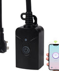 Outdoor Smart WiFi Plug Outlet With Heavy Duty Grounded Outlet No Fuss Remote App Control And Voice Control Works With Alexa And Google Home 2.4 GHz WiFi Only ETL Listed 1 Pack showing plug and smartphone