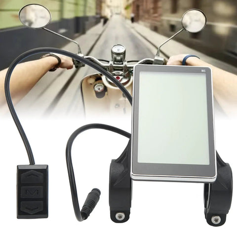 M5 LCD Waterproof Bike Display Panel for E Bikes and Scooters showing plug and play install components with street background