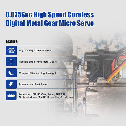 Sub Micro RC Servo Motor With Metal Gear, 8g Light, 1kg Torque, 0.075 Sec Coreless digital drift servo for 1/28 RC cars and planes.