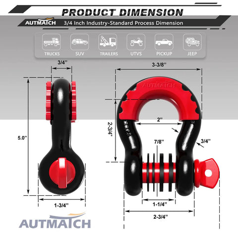 Three Quarter Inch D Ring Shackle Two Pack Beefed Up Heavy Duty Tow Winch Recovery Gear With Seven Eighths Inch Screw Pin Shackle Isolators And Washers Kit For Off Road Vehicles Black And Red Finish Break Strength Up To 10,471 Pounds with dimensions