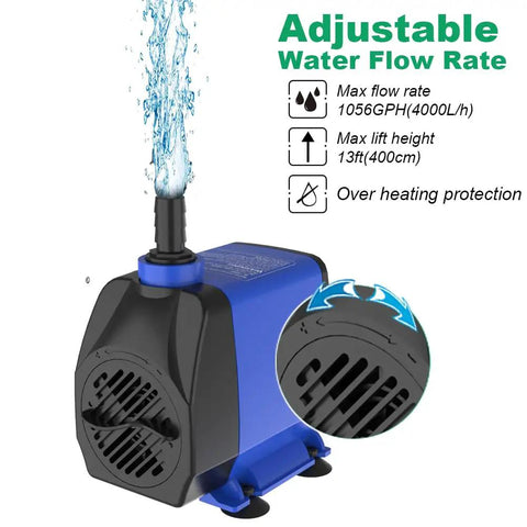 Ultra Quiet Submersible Pump 1056 GPH with Overheat Protection, 85W, 9.8ft Power Cord, Durable Copper Rotor, Low Noise, Adjustable Flow