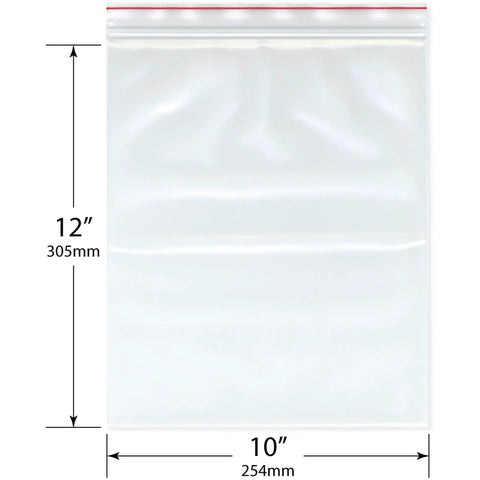 Red Line Zipper Reclosable Bags 10 X 12 Inch, 6 Mil Thick Clear LDPE, FDA Food Safe, Pack Of 100, Red zipper bag shown with 10 x 12 inch dimensions