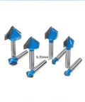 Pack Of 8 Hardcore Professional Carbide Router Bits For 90 Degree V Grooves And Chamfering Woodwork On Plywood, set of blue tips with steel shanks.