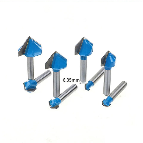Pack Of 8 Hardcore Professional Carbide Router Bits For 90 Degree V Grooves And Chamfering Woodwork On Plywood, set of blue tips with steel shanks.