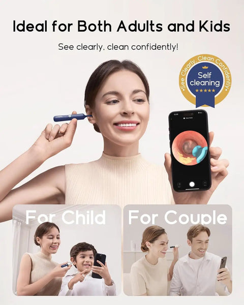 Woman using Earsight Plus D39R Ear Wax Removal Tool Camera Kit to clean ear while viewing phone app camera live image.