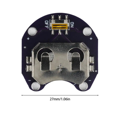 Top view of Hella Reliable 10 Pack LilyPad CR2032 Coin Cell Battery Holder Module for Arduino, 27mm size, with slide switch.