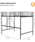 Heavy Duty Full Size Loft Bed With Solid Steel Frame And Flat Rungs For Teens And Adults Built Extra Tough For Years Of Chill Vibes Four Hundred Forty Pound Weight Limit No Box Spring Needed Sleek Black Space Saver dimensions showing height and width