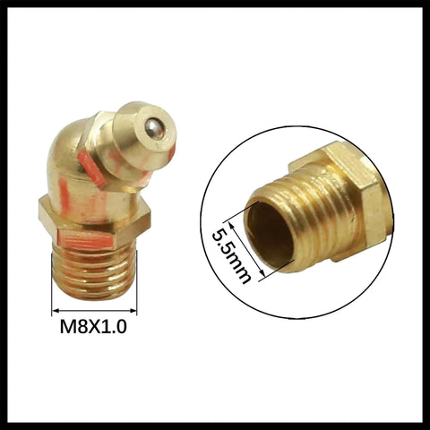 Brass M8x1.0 grease nipple fittings kit with straight, 45° and 90° angles for cars, durable high temp, leakproof design, close-up view.