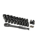 Pass-Thru 25-Piece 3/8 Inch Drive Mechanics Tool Set With X6 Ratchet For Tight Spaces, visible tools including sockets and ratchet