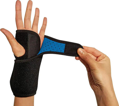 Right Hand Carpal Tunnel Wrist Brace For Men And Women Adjustable Wrist Splint with blue interior shown on hand
