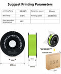 PetG Filament Mega Bundle 16 Color Set 1.75mm 1Kg Spools packaging and dimensions with printing parameters chart