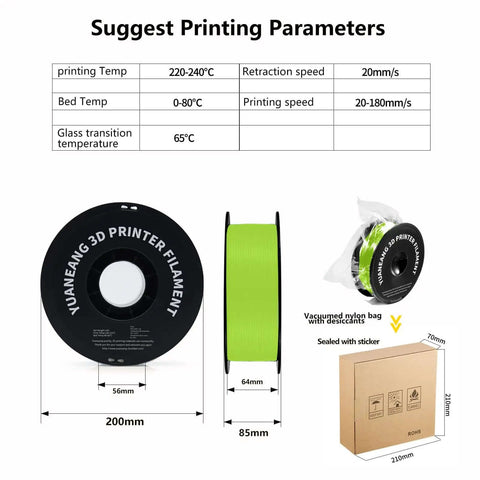 PetG Filament Mega Bundle 16 Color Set 1.75mm 1Kg Spools packaging and dimensions with printing parameters chart