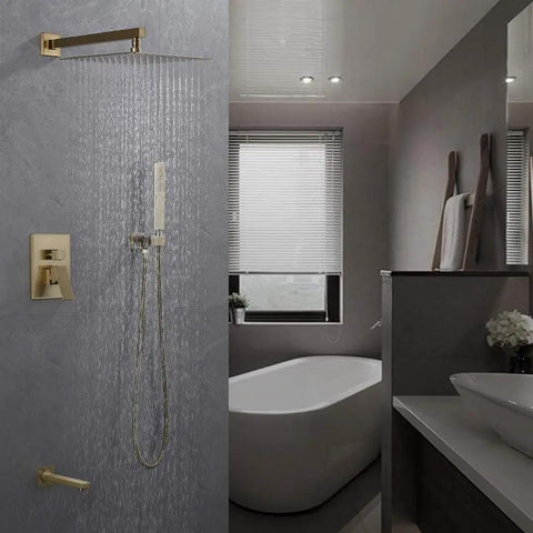 Modern bathroom showcasing Shower System With Waterfall Tub Spout 12 Inch Rain Shower Head And Handheld 3 Function Square Faucet Set Oil Rubbed Bronze Finish Concealed Install Built Tough Brass And Stainless Steel Trim Kit For Modern Bathroom