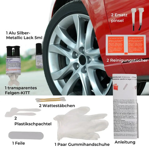 DIY Alloy Wheel Repair Kit For Curb Rash And Rim Scratch Fix With Silver Touch Up Paint, includes tools and paint for 10 repairs.
