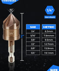 Top Shelf M35 Cobalt Countersink Drill Bit Set With Six Knockout Chamfer Tools Featuring A Solid Quarter Inch Hex Shank Built Tough For Quick Wood And Metal Drilling Jobs That Need Clean Angles And Zero Hassle Every Single Workday, 82-degree countersink bit with 1/4" hex shank.