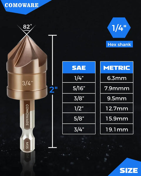 Top Shelf M35 Cobalt Countersink Drill Bit Set With Six Knockout Chamfer Tools Featuring A Solid Quarter Inch Hex Shank Built Tough For Quick Wood And Metal Drilling Jobs That Need Clean Angles And Zero Hassle Every Single Workday, 82-degree countersink bit with 1/4" hex shank.